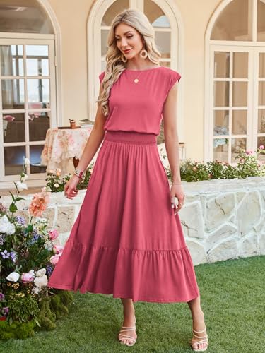 Image of Kikibell Womens Summer Dresses Cap Sleeve Elastic Waist Midi Dress with Pocket Long Causal Sundress Beach Vacation Outfits