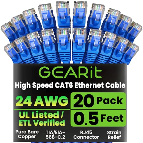 GEARit Cat6 Patch Cables 0.5ft Cat 6 Ethernet Cable 20-Pack Blue