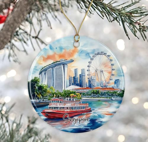 ShelbyShops Singapore Ornament, Singapore Christmas Ornament Watercolor, Gift for Singapore Lover, Keepsake Travel Singapore, Vacation Keepsake Gift, Travel The World Ornament Printed on Both Sides