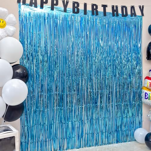Image of 4 Pack Blue Foil Fringe Curtains, 13.2x6.6ft Ocean Themed Tinsel Streamers Backdrop, Photo Backdrop for Birthday, Baby Shower, Bachelor, Summer Party, Gender Reveal | Blue Streamers Party Decorations