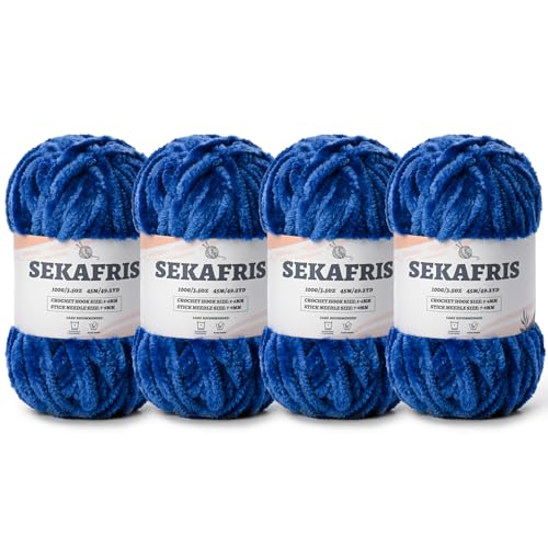 Image of Chenille Velvet Soft Yarn Royal Blue 4 Pack | 400g /196.8yds Fuzzy Chunky Chenille Yarn for Crocheting Plush Yarn for Hand Knitting Amigurumi Fluffy Yarn