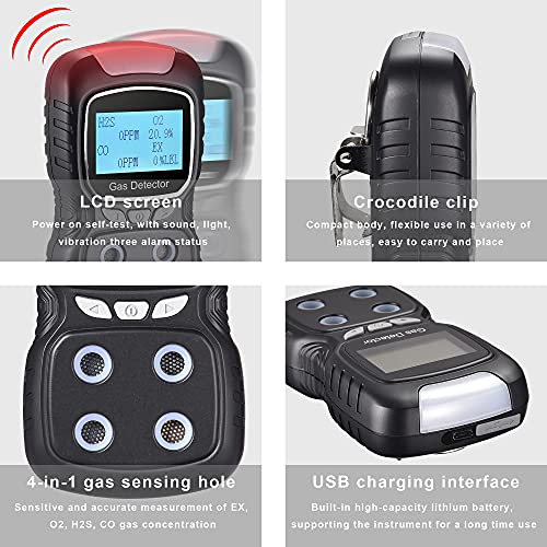 Scondaor Portable Multi Gas Detector Monitor, Rechargeable 4 In 1 Gas Meter Tester Analyzer With Digital Display, Voice Sound Light Vibration Alarm (Black) #TOP1