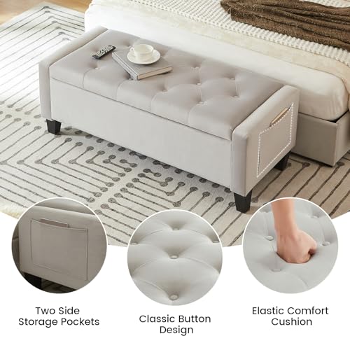 Image of Virabit Velvet Storage Ottoman Bench for Bedroom, End of Bed Bench with Button, Organizer Storage Chest, Upholstered Foot Rest with Legs, Load up to 400 lb, for Bedroom, Living Room, Entryway, Grey