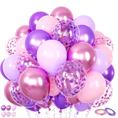 Purple Pink Balloons, 60 Packs 12 Inch Metallic Purple Pink Confetti Balloons, Pastel Lavender Balloon for Girls Women Birthday Wedding Bridal Baby Shower Princess Music Theme Party Decoration