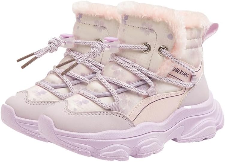 Cozy & Cute Girls'/boys Winter Snow Boots - Warm Fleece-Lined, High-Top Sneakers with Elastic Lace Closure for Outdoor Fun