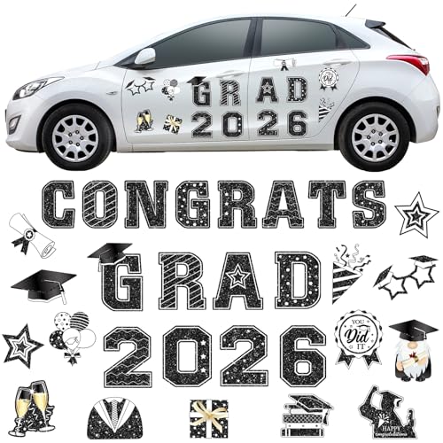 Image of Landhoow 30 Pcs Graduation Car Magnets 2026 Senior Graduation Car Decoration Bumper Sticker Congrats Grad Magnet Magnetic Refrigerator Decal for Grad Parade Party Supplies(Black, White)