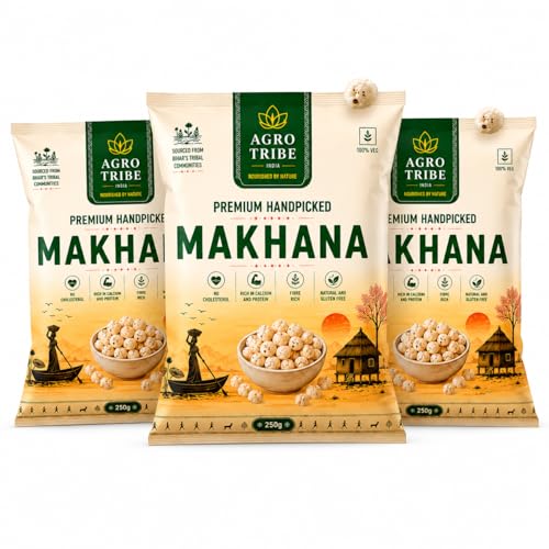 Agro Tribe India Bihar Farm-Grown Premium Makhana (Phool Makhana/Fox Nuts) | Large & Uniform Size | Direct from Own Farm | Ideal for Roasting | Natural Plant Protein Snack | (250 g (Pack of 3))