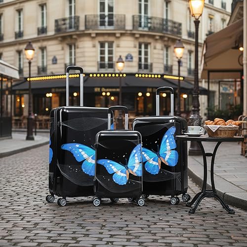 Image of InUSA Black Butterfly Print Luggage with Spinner Wheels | Durable Lightweight Hardside Suitcase | Travel Bag with Handle and Trolley | (20in, 24in, 28in) 3 Piece Set
