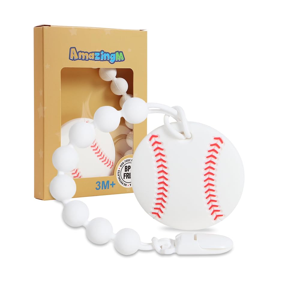 Baby Food Grade Silicone Sport Ball Teether Toy with Pacifier Clip Holder,Teething Toys Gift Set for 3 Months+ Boys and Girls,Freezer Safe,BPA Free. (