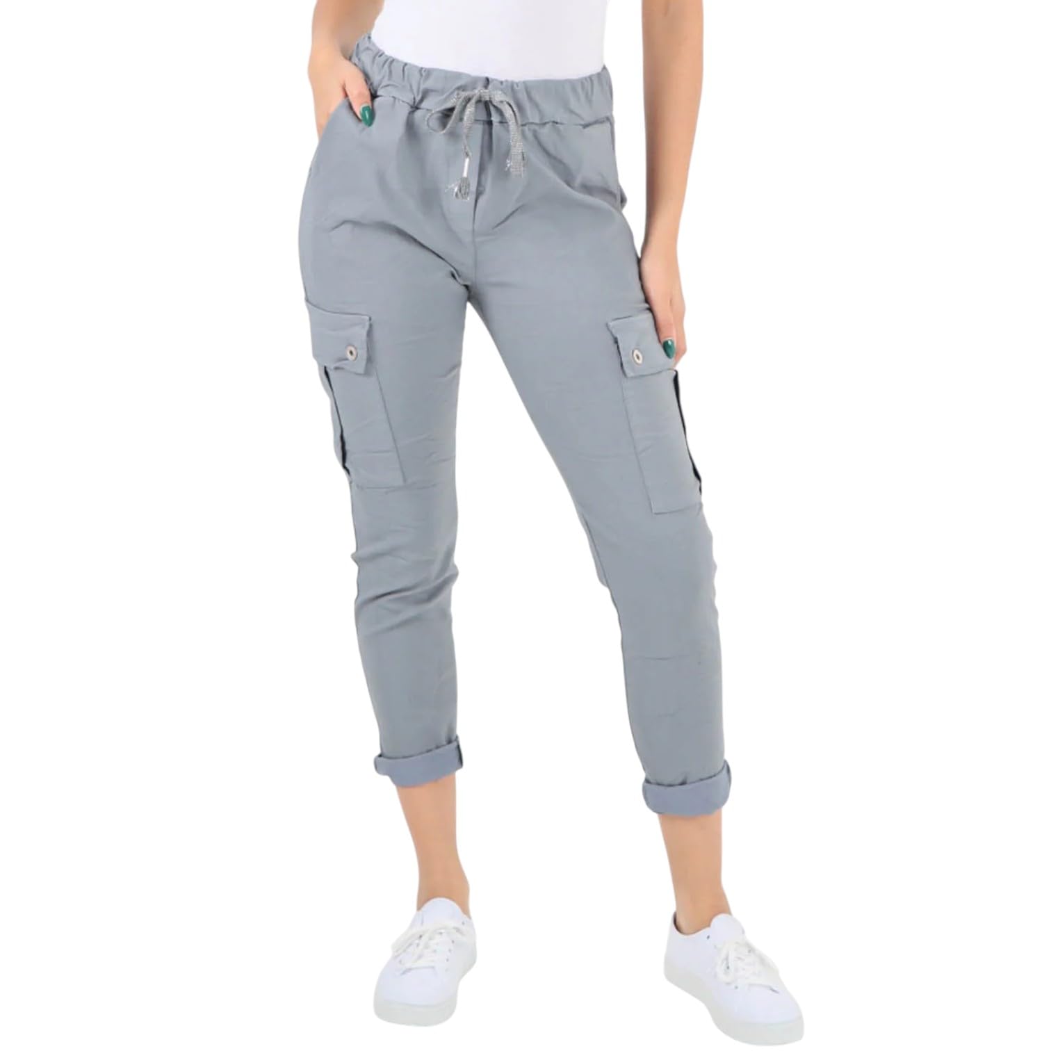 SXME MIGHT SAY Italian Drawstring Waistband Magic Cargo Trousers for Women – Stylish, Comfortable & Versatile Everyday Pants (UK, Numeric, 8, 14, Regular, Regular, Grey)
