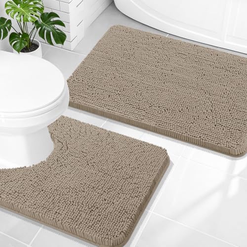 Image of OLANLY Bathroom Rugs Sets 2 Piece, Soft Absorbent Chenille Bath Mats and U-Shaped Contour Toilet Mat Area Rug Set, Machine Washable Bath Carpet, Home Decor Accessories(30 inchx20 inch+24 inchx20 inch, Warm Taupe)