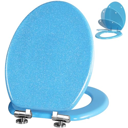 Angol Shiold Glitter Toilet Seat Molded Wood Elongated Toilet Seat with Quietly Close and Quick Release Hinges Easy to Clean also Easy to Install (Elongated 18.5 Blue)