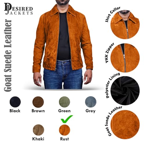 Image of Mens Polo Collar Zipper Suede Shirts Long Sleeve Shacket Suede Trucker Jacket Real Suede Leather Shirt