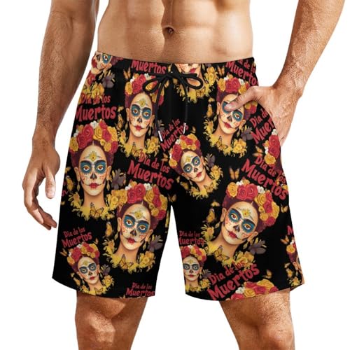 Celebrating Dia De Los Muertos Woman Beach Shorts for Men Swim Trunks Quick Dry Swim Shorts with Compression Liner Pocket