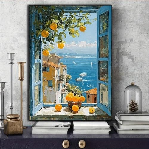 Cuadro de ventana al mar con limoneros que aporta luminosidad a pasillos oscuros 4