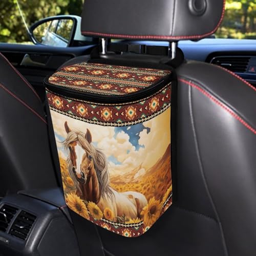 Image of Aztec Horse Sunflower Car Trash Can Hanging Leak Proof Trash Bin Hanging for Back /Front /Console of Cars,Horse Car Accessories for Women Men