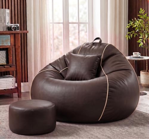 Image of Sattva Piping 3XL Sofa Style Bean Bag Chair with Beans Filled | Faux Leather Bin Bags Set with Footstool & Cushion | Beam Bag for Adults, Teens, Home & Living Room - Brown with Beige Piping