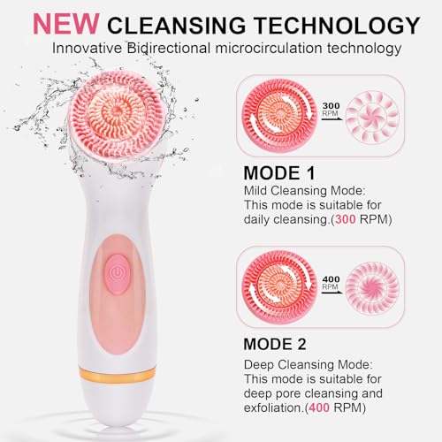 Yevsinbay Facial Cleansing Brush, Waterproof Dual-Rotation Face Scrubber Exfoliator with 3 Brush Heads and 2 Adjustable Speeds, Rechargeable Exfoliating Face Brushes for Cleansing and Skin Care (Pink)