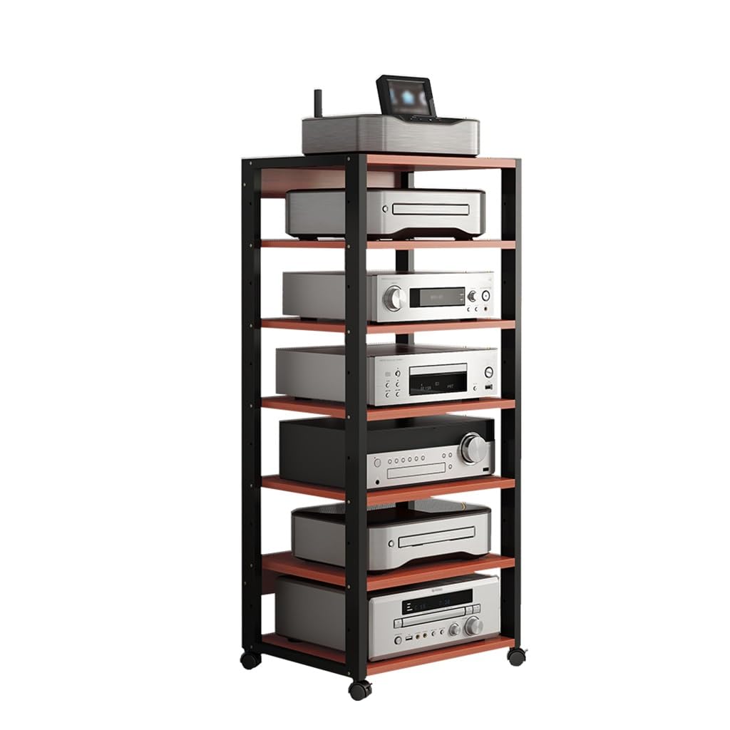 CWCQGH Modern 7 Tier Wooden Media Stand with Wheels Stereo Cabinet & Audio Rack Tower for Game Console & Entertainment Stylish Black Audio Video Shelving Unit,Red