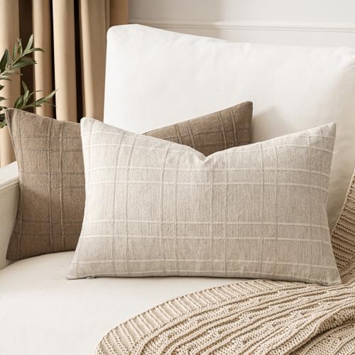 Image of MIULEE Decorative Linen Check Lumar Throw Pillow Covers Neutral Farmhouse Vintage Pillow Covers 12x20 Set of 2 Boho Modern Home Decor for Sofa Couch Bedroom Cushion Natural Beige