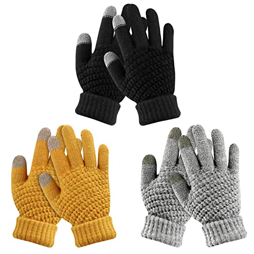 ONESING 3 Pairs Kids Winter Knit Gloves - Warm, Stretchy Full Fingers Gloves for Boys & Girls