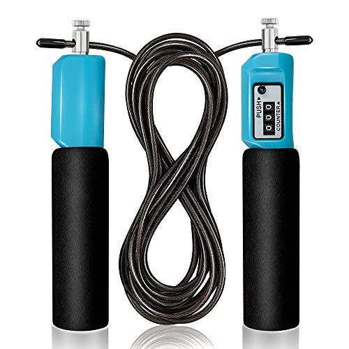 High Speed Outer Ball Bearing Steel wire Jump Rope with Counter?Battery-Free?for Kids Boy Women Mens Adults Fitness , Counting Skipping Rope Features Weighted & Tangle-Free JumpRopes and 7Inch Foam Handles, Great for Workout