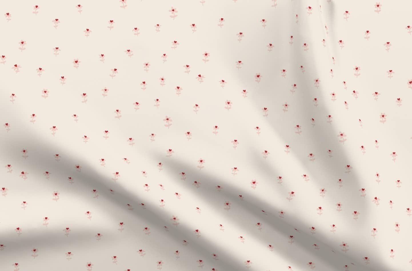 Spoonflower Fabric - Valentines Day Floral Ditsy Daisies Cream Pink Flowers Red Small Printed on Organic Cotton Sateen Fabric by The Yard - Sewing Quilting Apparel Home Decor