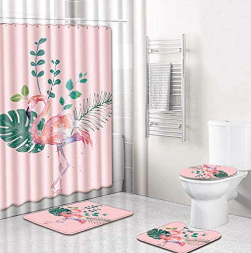 ZDDWLDL 4Pcs Duschvorhänge Set Mit Rutschfesten Teppichen,Toilettendeckel und Badematte Rosa Grüner Palmblatt…