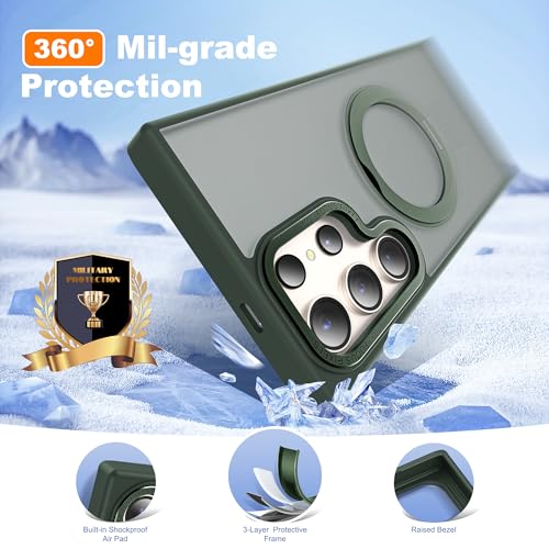 Image of Compatible with Samsung Galaxy S24 Ultra Case with 360Rotatable Magnetic Ring Stand Compatible with Mag-Safe Military Protection Matte Translucent Phone Cases for S24 Ultra 6.8 inch,Dark Green