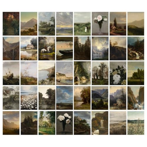 Image of Set of 40 Vintage Landscape Art Prints - Aesthetic Gallery Wall Kit (15x10 cm Each) | Retro Nature Painting Postcards | European Landscape Posters for Wall Decor | Cottagecore Art for Room, Study, Living Room
