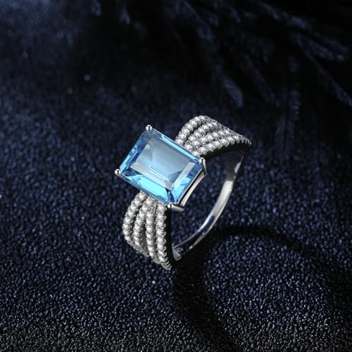 Emerald Cut Blue Topaz and Diamond Ring, Sterling Silver3