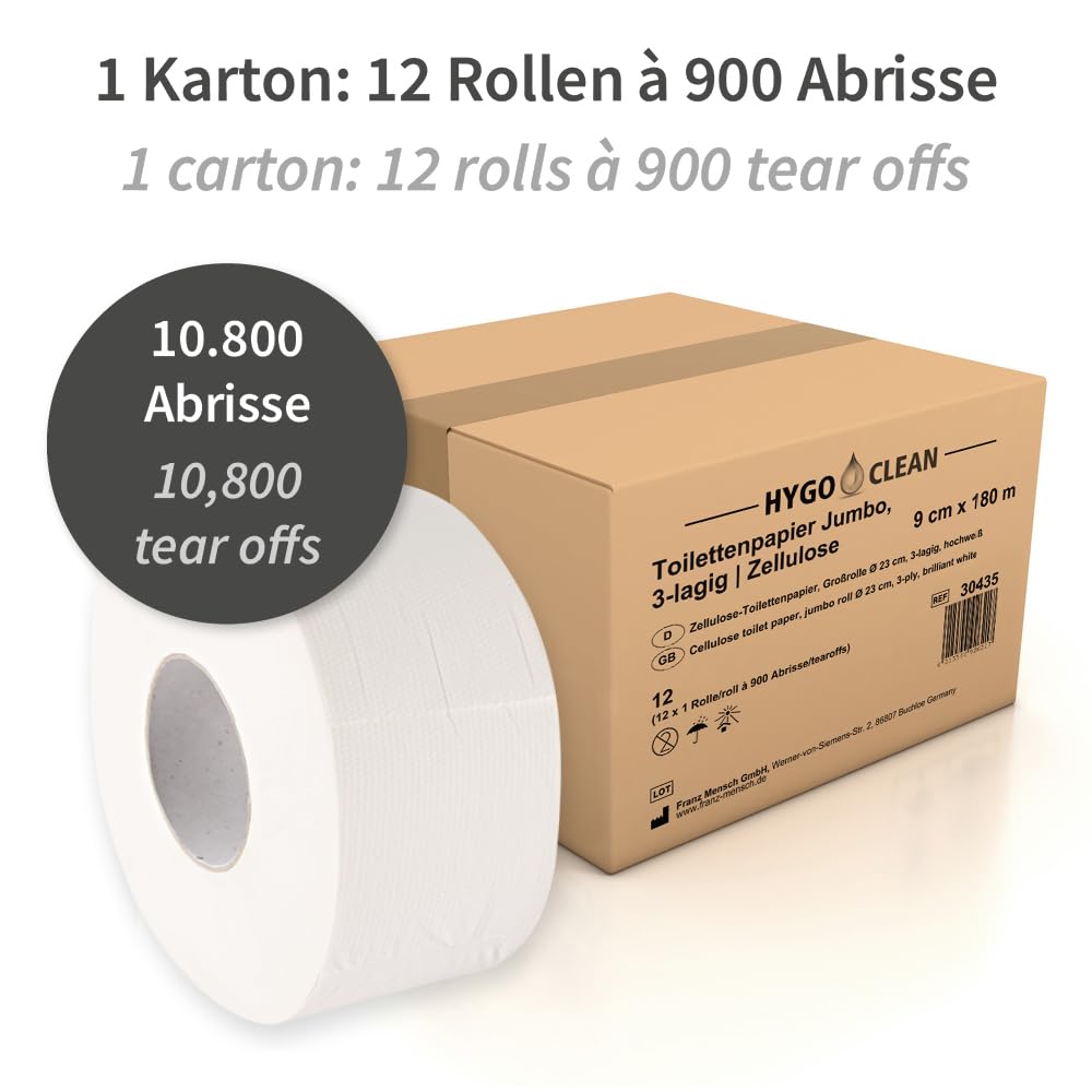 12 Stück, Toilettenpapier, FRANZ MENSCH, 20x9cm, weiß, 3-lagig, 900 Abrisse | Jumbo, Zellulose, Ø 23cm, 8cm Kern, 180m Lauflänge, WC-Papier, Klopapier, restroom, Sanitärbereich, Großverbrauch