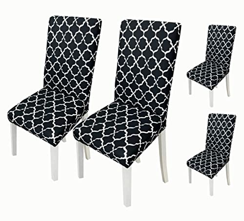 Image of House of Quirk Elastic Chair Cover Stretch Removable Washable Short Dining Chair Cover Protector Seat Slipcover (Pack of 4, Black Laltern)