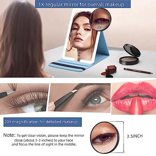 Travel Makeup Mirror With Round 20X Magnifying Mirror, Pu Leather Cover Vanity Mirror With Lights Of 8X5.5Inch, 3 Color Modes 1500Mah Battery Cosmetic Mirror For Home, Office And Travel Use #TOP1