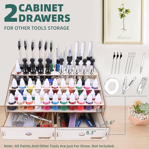 Image of OPHIR Wooden Paint holder Organizer with 2 Cabinet Drawers, Acrylic Paint Storage Rack for 58 Bottles of Paints, Suitable for Tamiya, AV, OPHIR, Citadel Paints