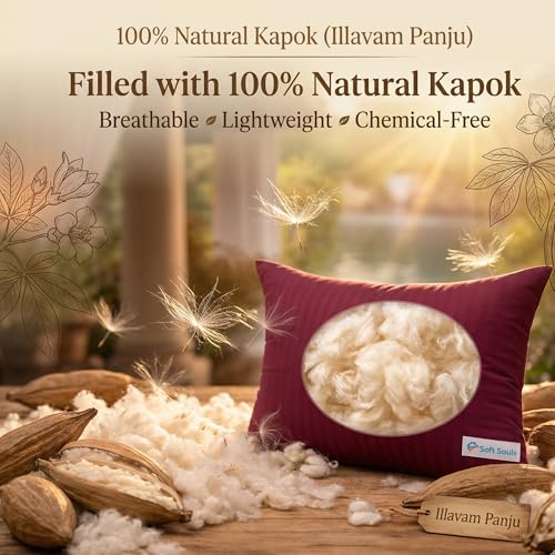 Image of SOFT SOULS Kapok Pillow with Cover, Cooling Illavam Panju with Pillowcase - Natural Cooling, Breathable & Eco-Friendly Pillow for Comfortable Daily Sleep
