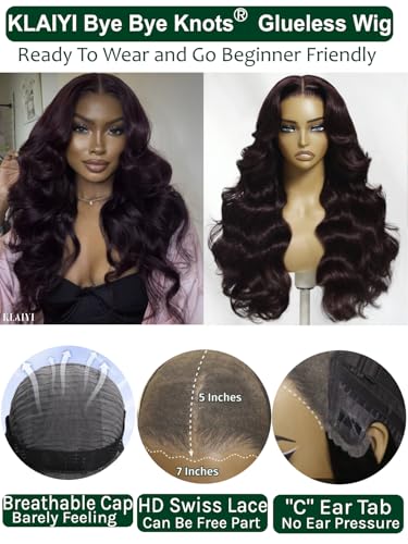 Image of KLAIYI Black Cherry Loose Body Wave Bye Bye Knots Glueless Wig 7x5Precut Lace Front Wigs Human Hair Drawstring Pre Plucked Bleached 30S Ready to Wear and Go Wig with Face Framing Bangs Burgundy 14Inch