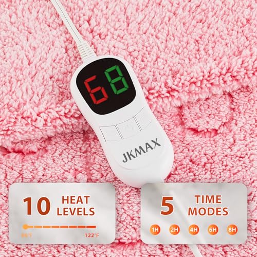 JKMAX Heated Electric Blanket Queen Size - 84"x90" Flannel Heating Blanket with 10 Heating Levels & 5 Time Settings Over-Heat Protection, Winter Warmer for Adults with ETL Certification(Pink)