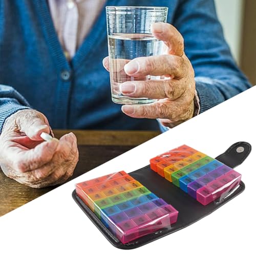 Hoite Pillendose im Taschenformat, wöchentlich, morgens, mittags, abends, nachts, 56 Fächer, Pillendose, Brieftasche, PU für Vitamine, Fischöle