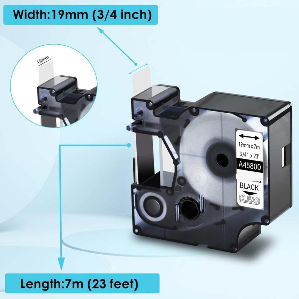 10 pezzi di nastro per etichette nero su trasparente standard da 19 mm per nastro D1 45800 compatibile con stampanti LabelManager 300 350D