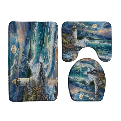 AYDSMYD 3 Piece Lighthouse Bath Mat Nautical Coastal Ocean Beach Seasides Sea Wave Moon Oil Painting Art Bathroom Bathtub Floor Rugs Absorbent Doormat Toilet Decor