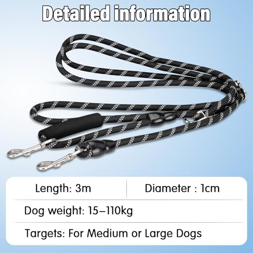 Unverschämt robuste Hundeleine für große und mittelgroße Hunde (15-60 kg) - 3m Verstellbare Doppelleine & Freihandleine aus Nylon mit Reflektierend Tragfähigkeit bis zu 200 kg