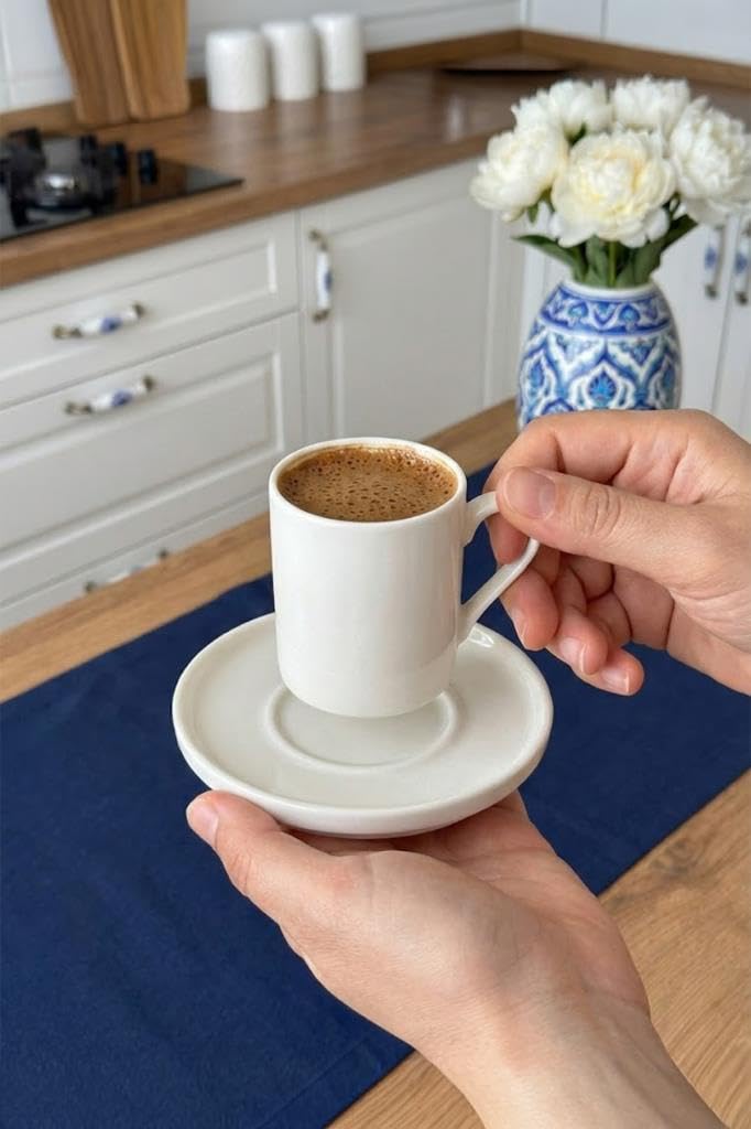 Atbyhome Aden Bambu Beyaz Tepsili 6 Kişilik Türk Kahvesi Fincan Takımı Seti