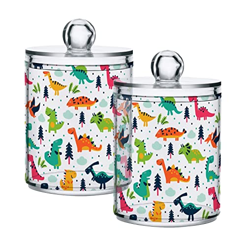 Coikll Cute Cartoon Dinosaur Qtip Holder with Lid 2PCS Apothecary Jars Storage Containers, Clear Plastic Canister for Cotton Swab,Floss Picks, Cosmetics