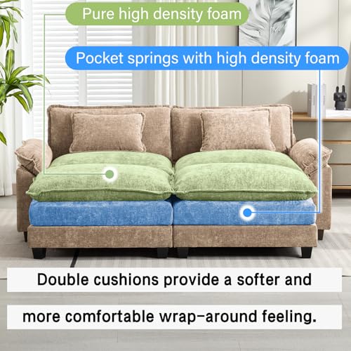 Image of Oprisen 86 inch Modular Sectional Sofa, Comfy Cloud Couch Sectional Sofa with Ottomans, Chenille Sofa Sleeper Deep Seat Sofa with Throw Pillows for Living Room (Khaki)