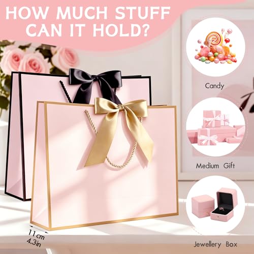 Image of JMANNI Gift Bags with Handles, 13 inch Medium Gift Bag for Presents, 8 Pcs Bags with 16 Tissue Paper and 8 Cards for Baby Shower Wedding Bridal Shower Mother's Day Birthday Party(pink-black)
