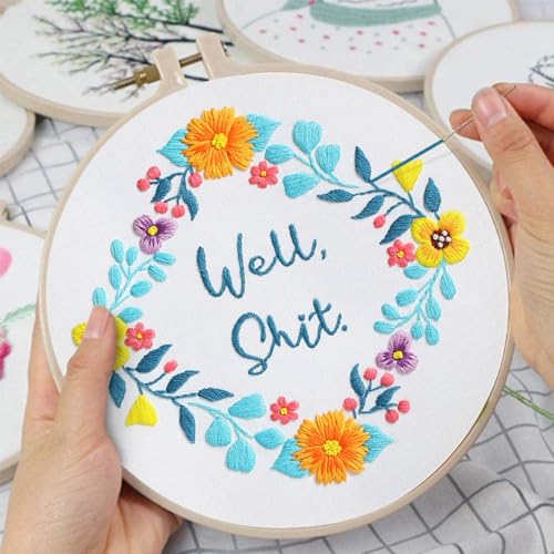 Image of Louise Maelys Funny Embroidery Kit for Beginners,Adults Cross Stitch Kits with Flower Wreath Pattern,Needlepoint for Starters Including Cloth,Hoop,Instruction and Threads