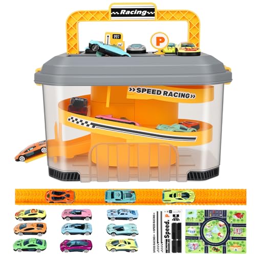 Image of Toy Car Track Storage Playset - Toddler Toys for Ages 3-4, Car Track Set Including 12 Diecast Cars, PlayMat, Race Tracks, Car Ramp, Kids Birthday Gift for 3 4 5 6 Year Old Boys