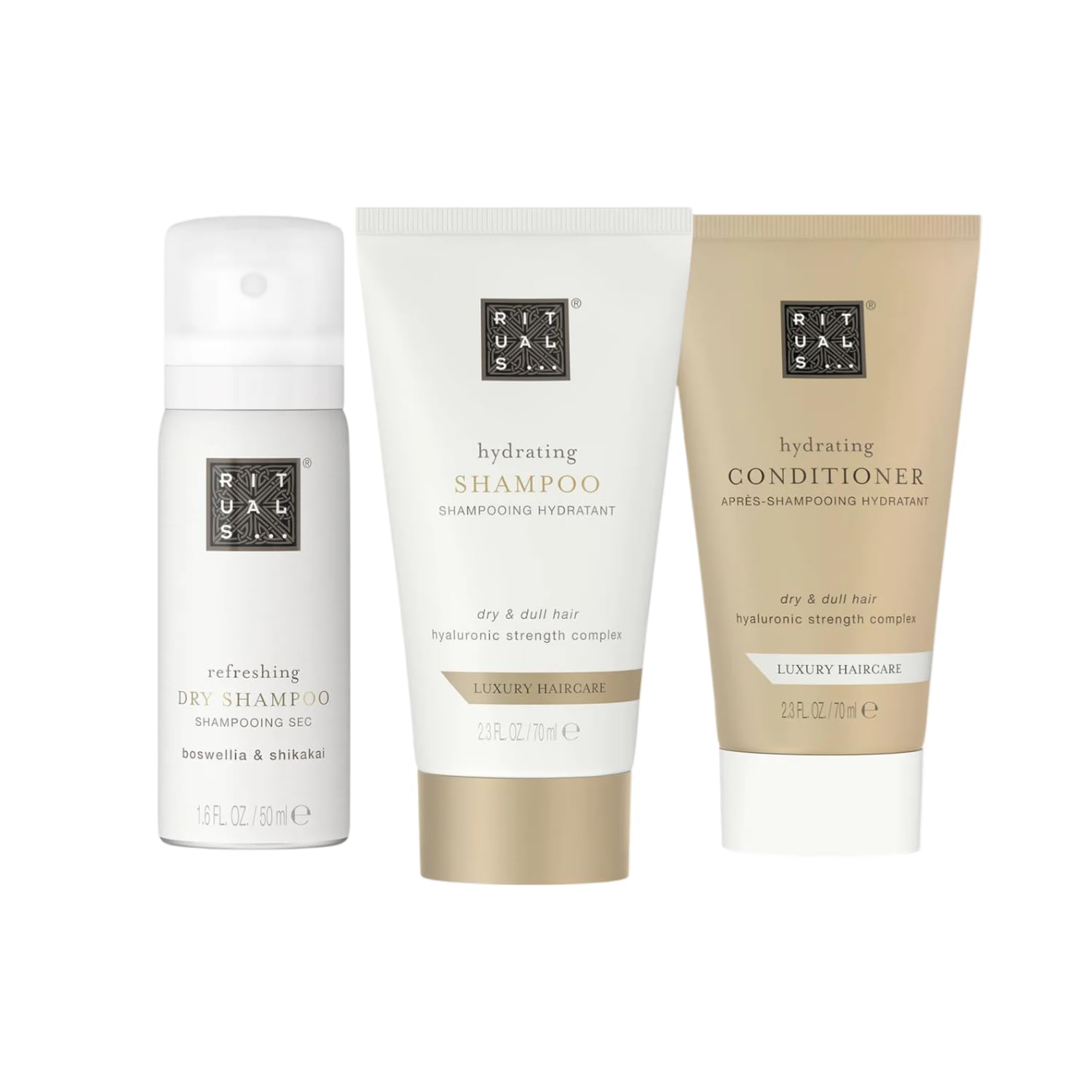 Rituals Hydrating Luxury Haircare Trial Set, Feuchtigkeitsspendendes Shampoo 70ml, Conditioner 70ml, Trockenshampoo 50ml, mit Hyaluronsäure und Arganöl, Beige, 3-teilig