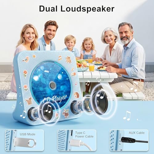Image of Gueray CD Player Portable Bluetooth Desktop CD Player for Home with Timer Built-in HiFi Speakers with LCD Screen Display Boombox FM Radio USB Type-c (Blue)